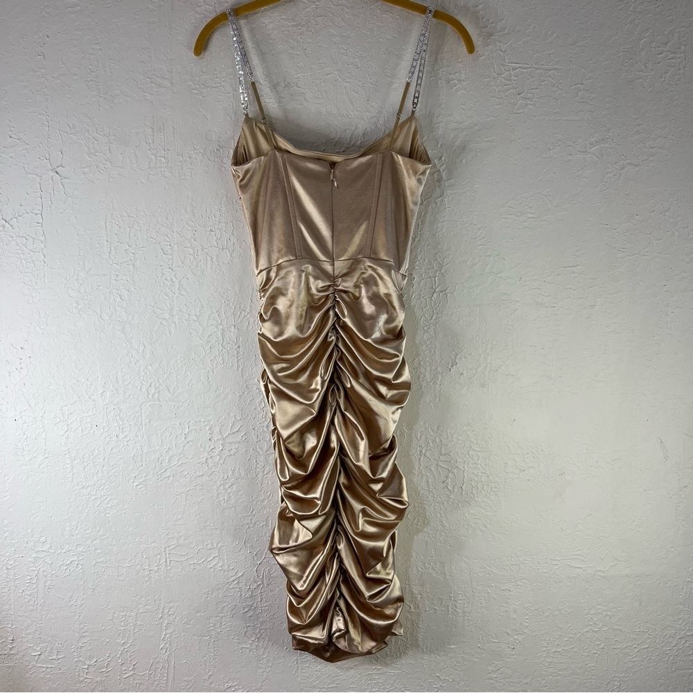 Oh Polly Embellish The Moment Ruched Satin Metallic Knee Length Dress in Gold - Picture 10 of 14